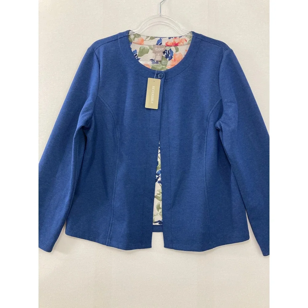 New Chico's Reversible Ponte Jacket size Large/2 Indigo Blue Floral Soft Preppy‎